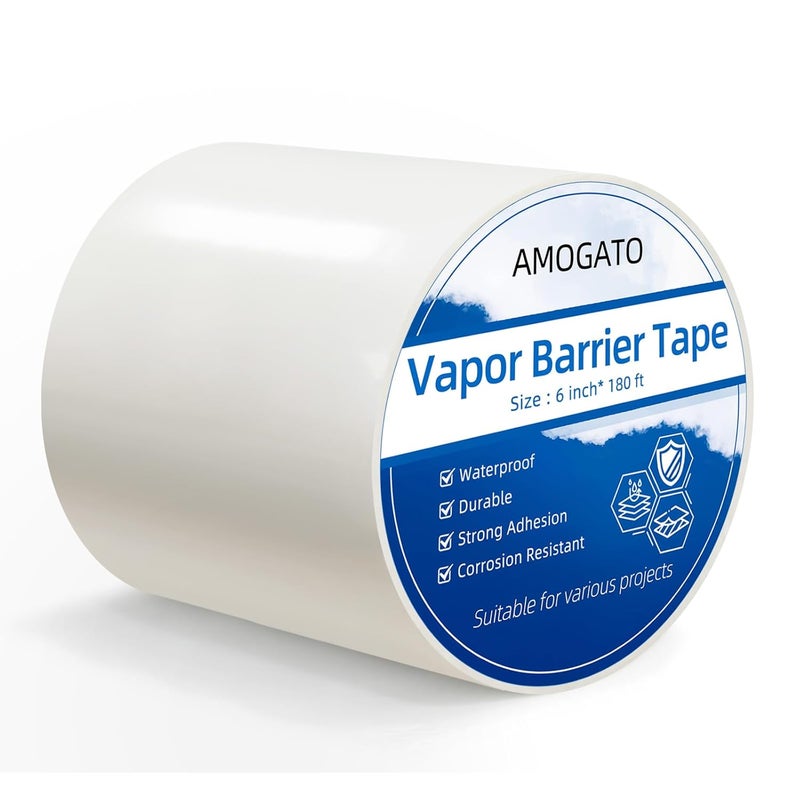 AMOGATO شريط حاجز بخار - 8 مل 6" × 180 قدم × 1 لفة، شريط ختم ثقيل، لاصق فائق ومقاوم للماء لخدمات الزحف، القبو، الأرضية، الأنابيب، HVAC وإصلاحات البناء - Image 1